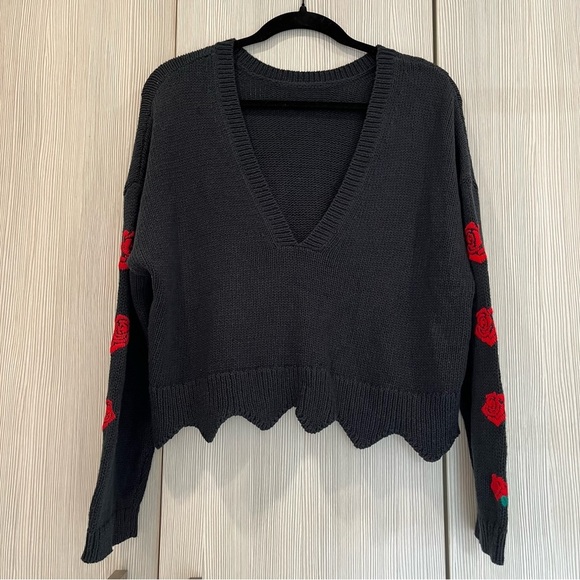 Wildfox | Palmetto Roses Embroidered Crop Sweater | Navy Blue |‎ XS - Picture 4 of 12